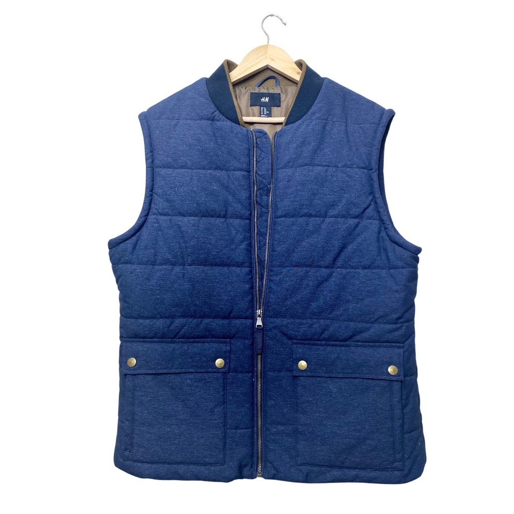 HM Mens Blue Quilted Puffer Vest Full Zip Bomber Collar Pockets Size 46R XL